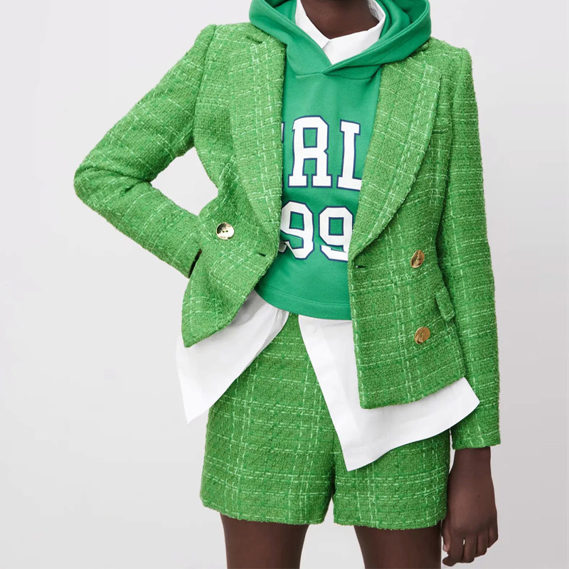 

ZA tweed blazer short set Long Sleeve Women Casual Plaid Sblazer and High Waist Ladies Blazers Set 210521, Shorts