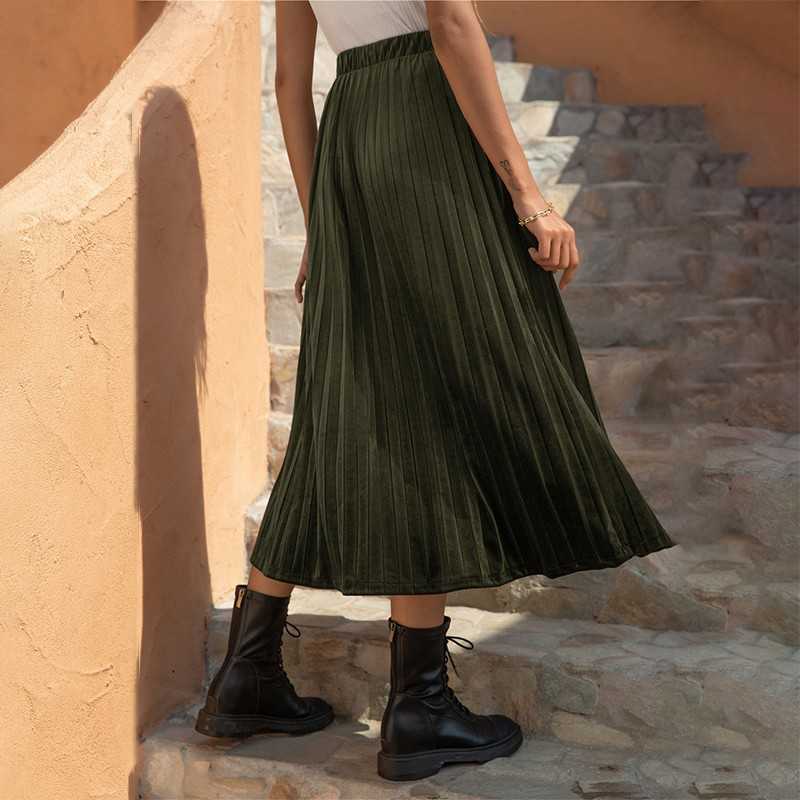 

Korean Velvet Pleated Midi Skirt Women Summer Plus Size Casual Loose High Waist Office Lady Temperament A-line Skirt 210608, Green