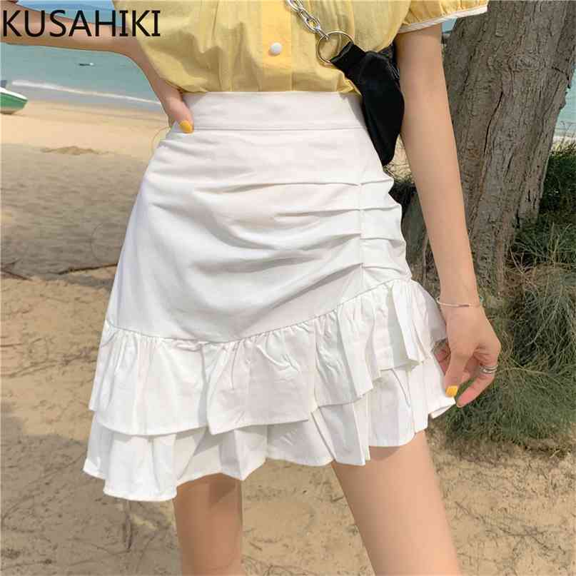 

Korean High Waisted Folds Skirts Womens Summer Ruffle A-line Mini Skirt Causal Faldas Mujer Moda 6H790 210603, Black