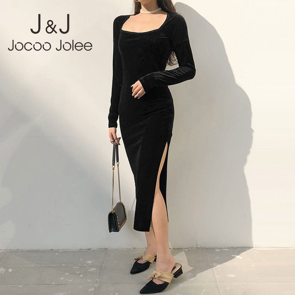 

Vintage Women' Square Collar Velvet Dress Long Sleeve High Waist Slim Sexy Slit Evening Party Dress Female Street Wear 210518, As photo