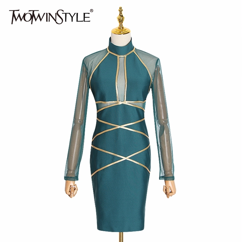 

Patchwork Hit Color Women's Dresses Turtleneck Long Sleeve High Waist Tunic Slim Dress Female Clothing Fashion 210520, Black