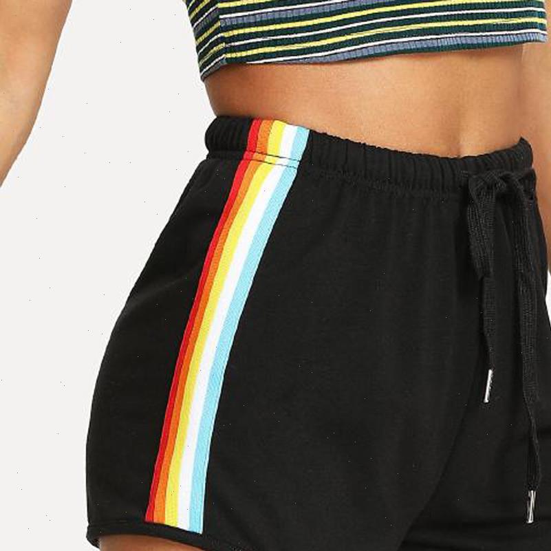 

summer women short korean street style rainbow print sport elastic sale beach wear high waist black shorts female 15, White;black
