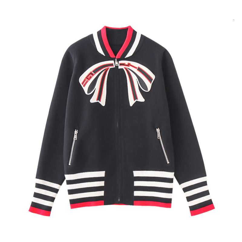 

Women' Jackets 2021 Women Baseball Knit Bow Embroidery Patch Designs Zipper Multi-color Striped High Waist Knitted Coat, Black
