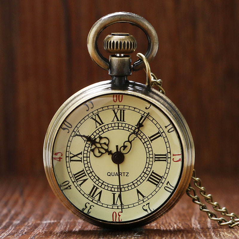 

Bronze Roman Pocket Watch Antique Numerals Chain Necklace Pendant Quartz NIN668, As shown