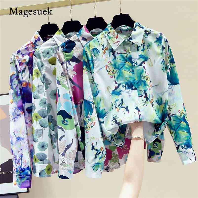 

Autumn Korean Style Silk Tops Women Long Sleeve Printed Floral Blouse Turn-down Collar Cardigan Shirts Blusas 11173 210518, Rose red