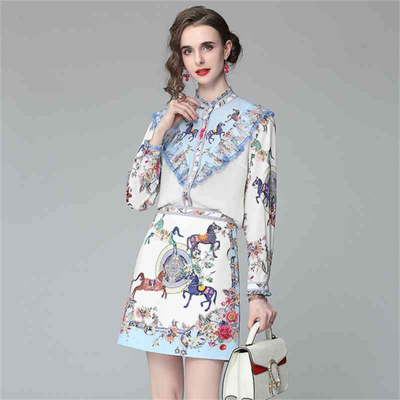 

Runway Summer Elegant Two Piece Set Women Sweet Ruffles Stand Collar Animal Print Shirt Top + High Waist OL Bodycon Skirts Suit 210526, Photo color