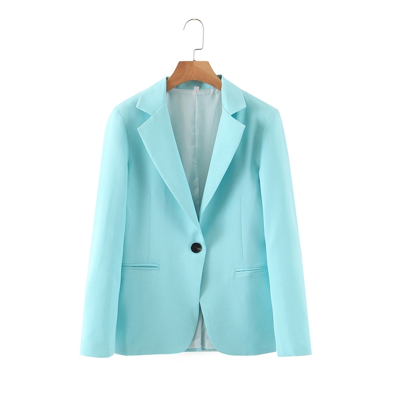 

Women Fashion Office Wear Pockets Blazers Coat One Button Notched Collar Female Outerwear Jacket Casual XZ2436 210525, Sky blue