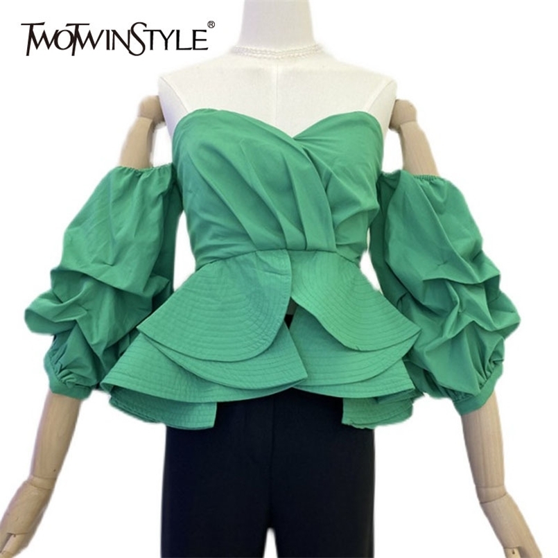 

White Patchwork Ruffle Shirt For Women Slash Neck Half Sleeve Off Shoulder Slim Elegant Blouse Female Fashion 210524, Black