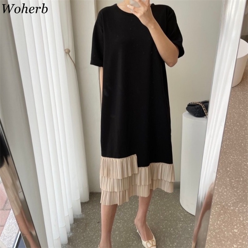 

Short Sleeve Summer Vintage Dress Women Contrast Color Irregular Pleated Patchwork Vestidos Fashion Loose Casual Dresses 210519, Black