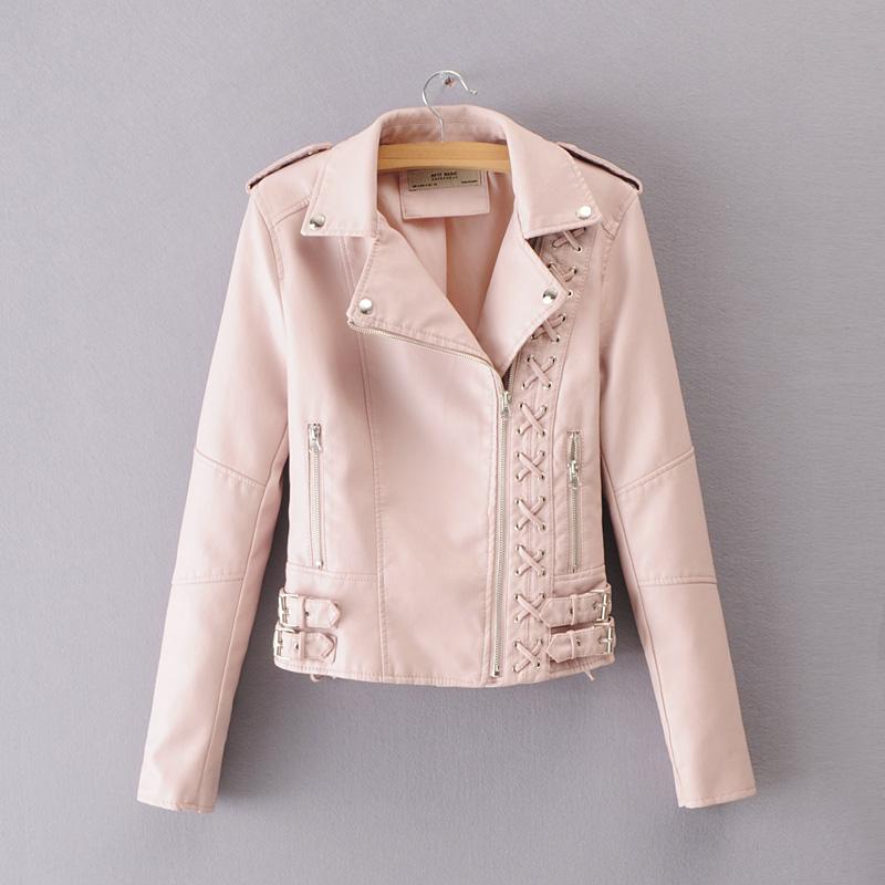 

Women' Leather & Faux Fashion Lace Up Pu Jacket Women Black Pink Zipper Motocycle Biker Spring Antumn Punk Rock Coat Chaqueta Mujer