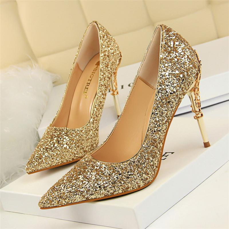 

Dress Shoes 9.5cm Women Pumps High Thin Heel Metal Pointed Toe Shallow Sexy Ladies Bling Wedding White Night Club Heels, Champagne