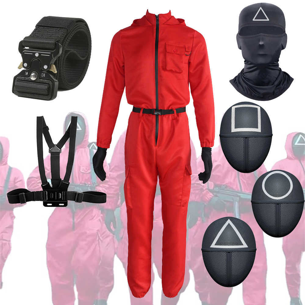 

Cosplay Costumes Squid Game Villain Red Jumpsuit Round Six Npc Circle Triangle Square Mask Strap Belt Accessories Halloween