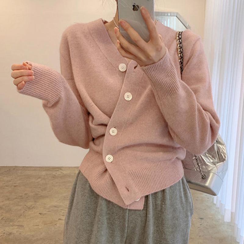 

Women's Knits & Tees Sweaters Women Korean Chic Gentle Long Sleeve Pink Cardigan Autumn Fashion Slim Knit Irregular Jacket Pull Femme Wild, White