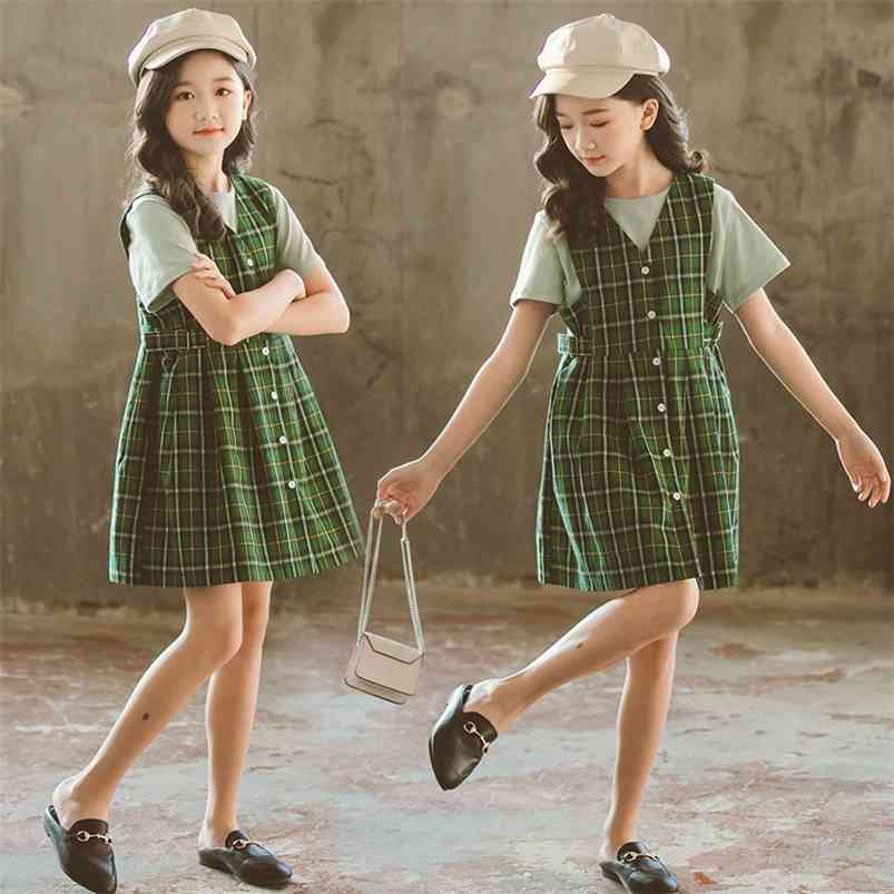 

Summer Children Sets Casual Short Sleeve Solid T-shirt Green Plaid Dresses 2Pcs Girls Clothes 3-12T 210629