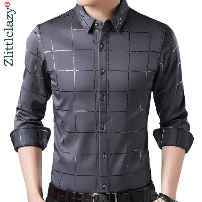 

Brand Casual Spring Luxury Plaid Long Sleeve Slim Fit Men Shirt Streetwear Social Dress Shirts Mens Fashions Jersey 2309 210628, Navy blue