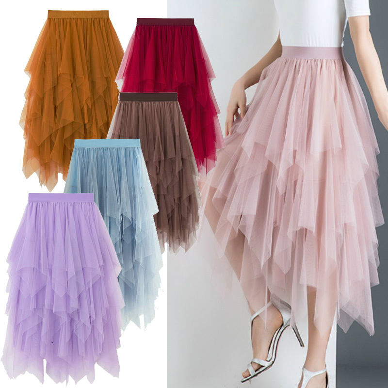 

Casual Dresses Autumn Fairy Irregular Cakee Layered Puffy Long Mesh Skirt Sweet Candy Color Tiered High Low A-line Tulle Skirts 10, White