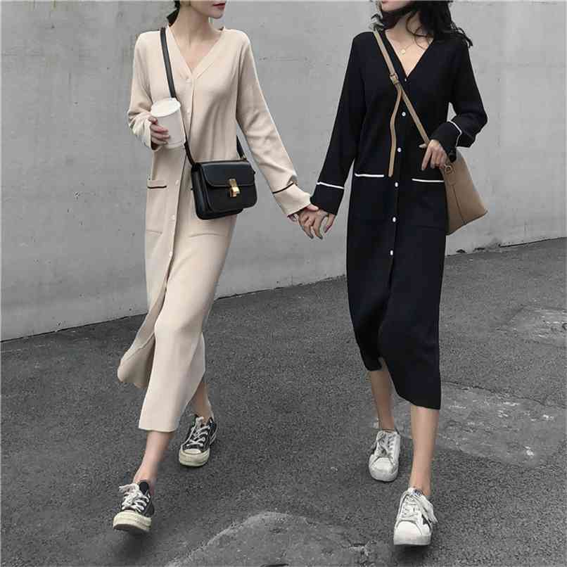

Knit dress women spring and autumn Korean cardigan loose thin v-neck long-sleeved mid-length skirt 210520, Black