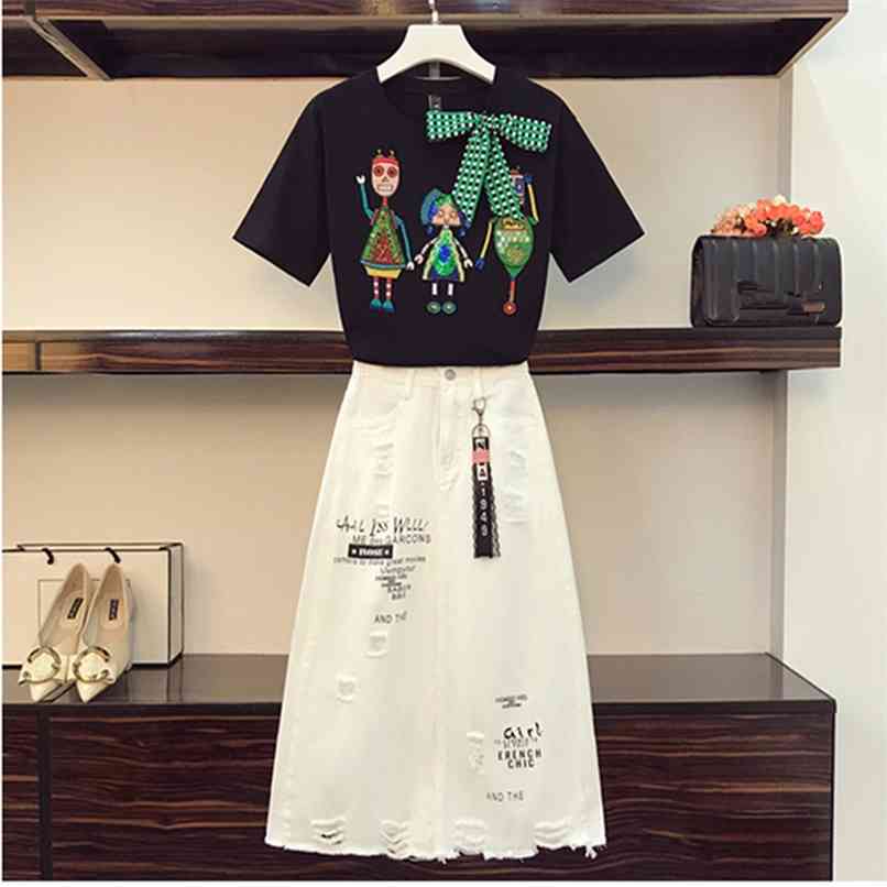 

High Quality Sequines Cartoon character embroidery Tshirt Two pieceHigh Waist Hole Letter printted White Denim Skirt set Female 210602, Only black tshirt
