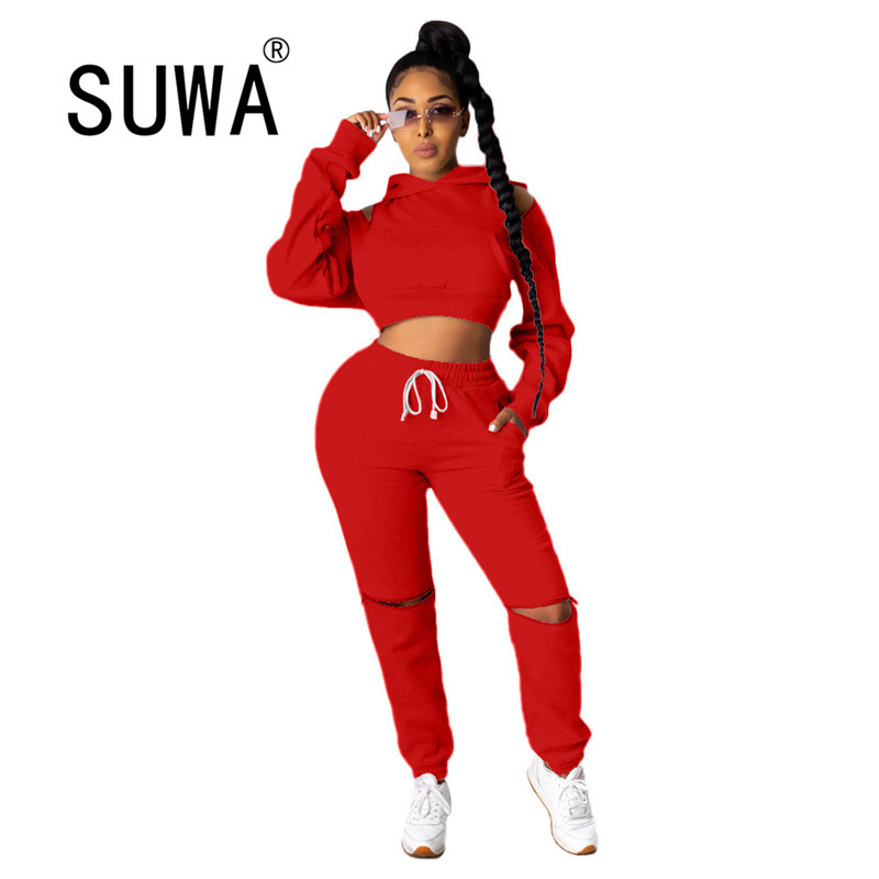 

Active Wear Sporty Jogging Suit for Women Casual Outfits Off Shoulder Long Sleeve Hooded Sweatshirt+hole Sweatpant 2 Piece Sets 210525, Red