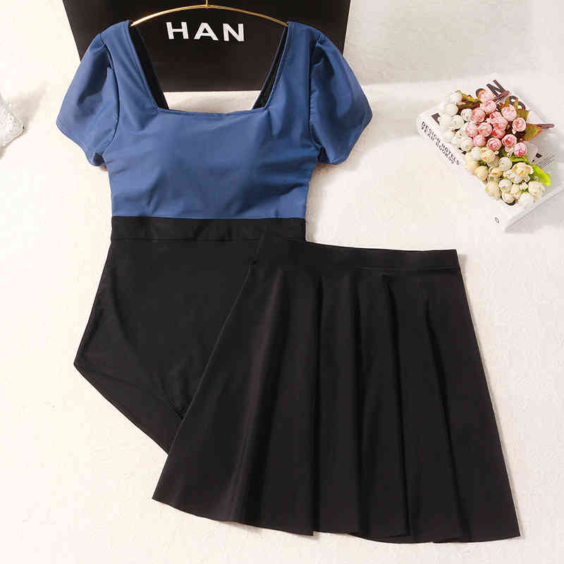 swimwear Sexy Short Sleeve Swimsuit One Piece Women Swimwear New Patchwork Beach Wear Bodysuit With Hem Skirt High Waist Backless-image-677593676