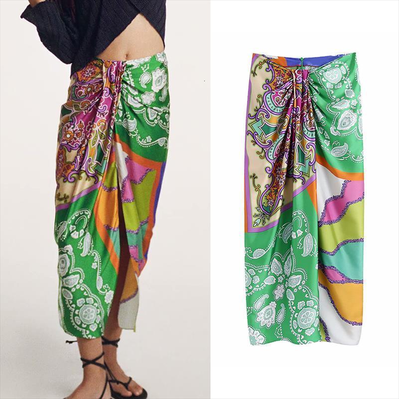 

traf za summer girls women skirts bow folds arrival high waist casual straight printed female zipper, Black