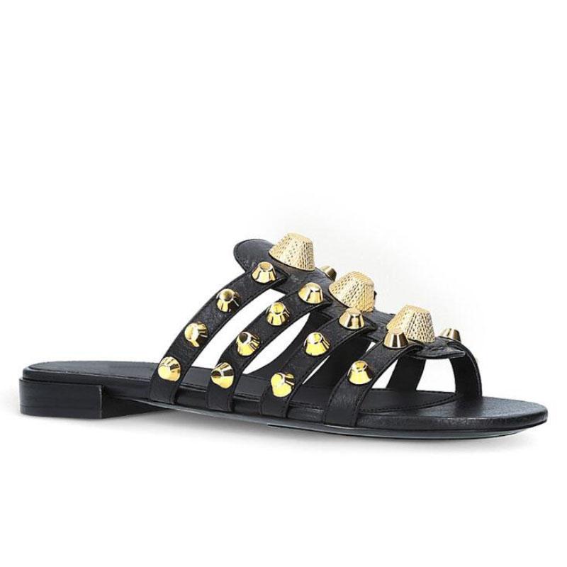 

Slippers Women Black Giant Studded Sandals Gold Stud Slides Sliver Beach Shoes White Vacation Flats Mules Large Size Wholesale