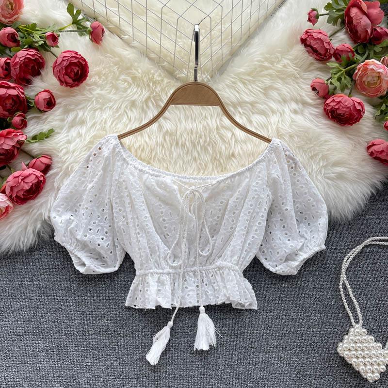 

Women's Blouses & Shirts ZCWXM 2021 Summer Women White Shirt Puff Sleeve Tassels Vintage Hook Flower Hollow French O-Neck Slim Short Tops