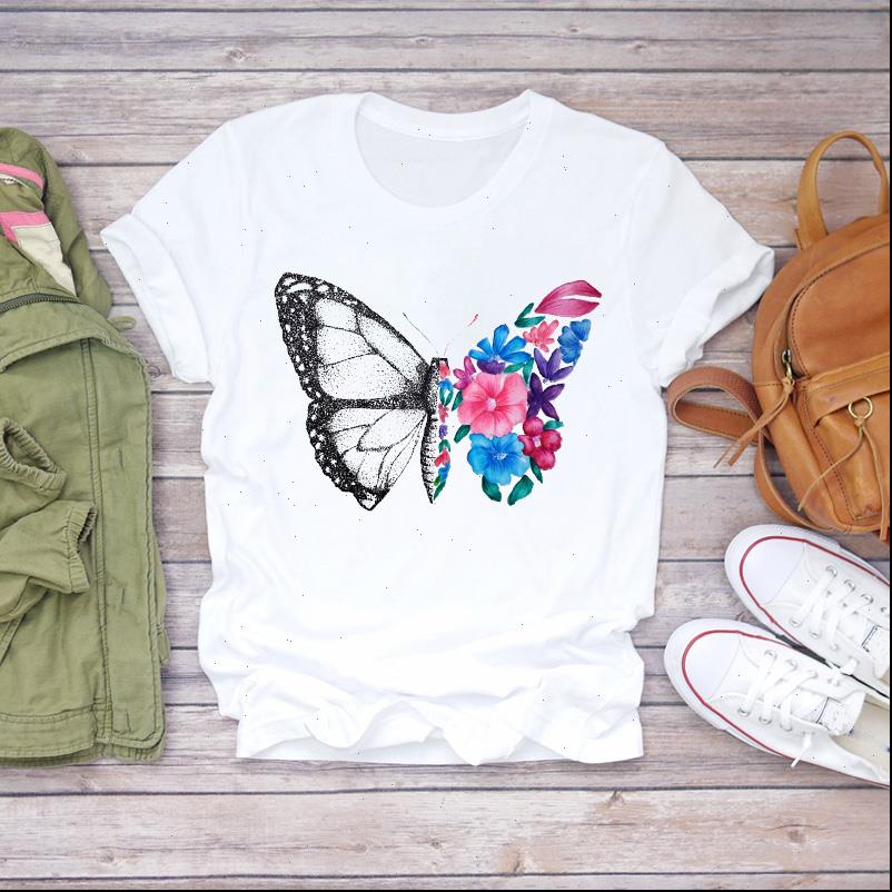 

butterfly floral short sleeve camisas womens t shirt mujer print graphic tee, White