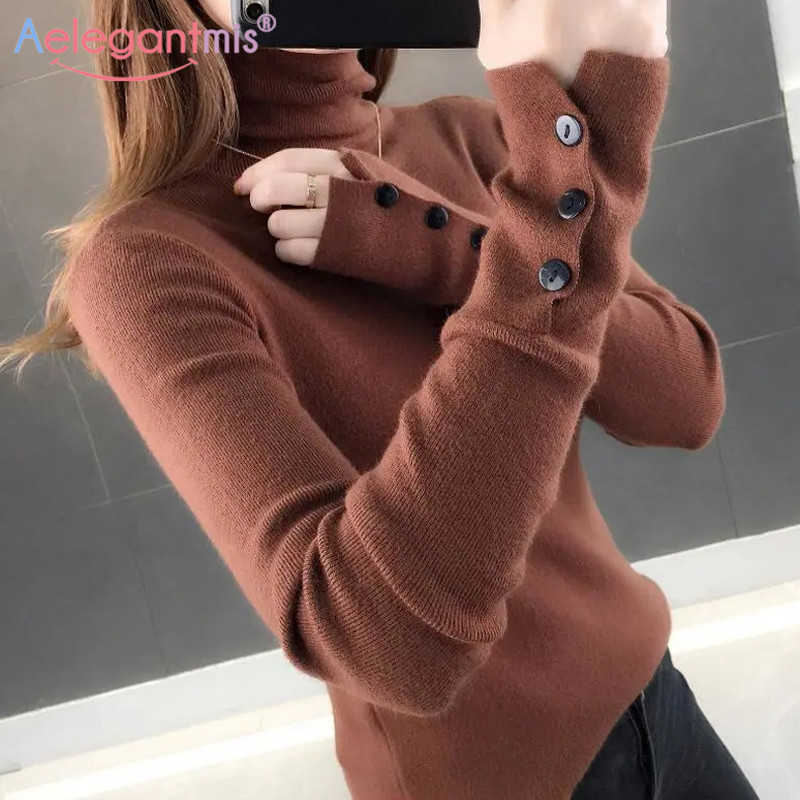 

Aelegantmis Soft Button 8 Color Black White Sweater Women Turtleneck Pullovers Solid Autumn Jumper Korean Slim Femme 210607, Caramel