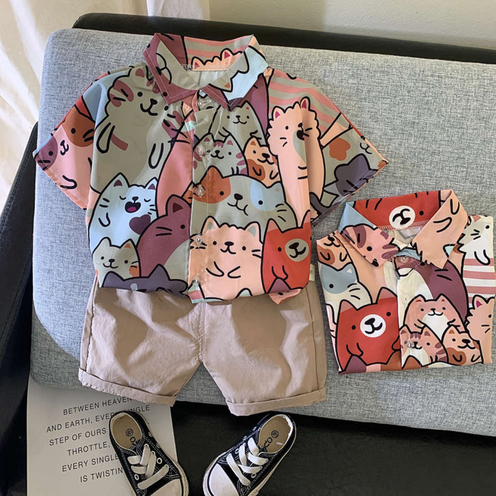 

Children's short sleeve cartoon shirt boys' Summer Boys' foreign style manyin Cat Shirt, White