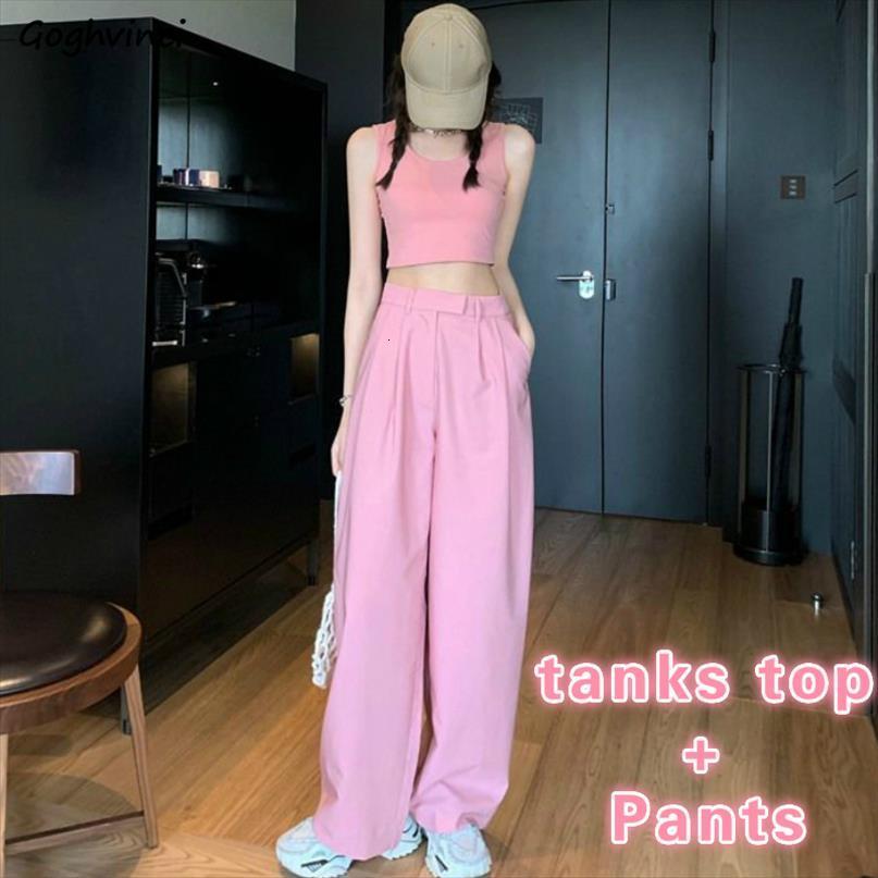 

sets tanks solid crop womens tracksuits ankle length pants korean style elegant teens chic street slim summer hip hop, Gray