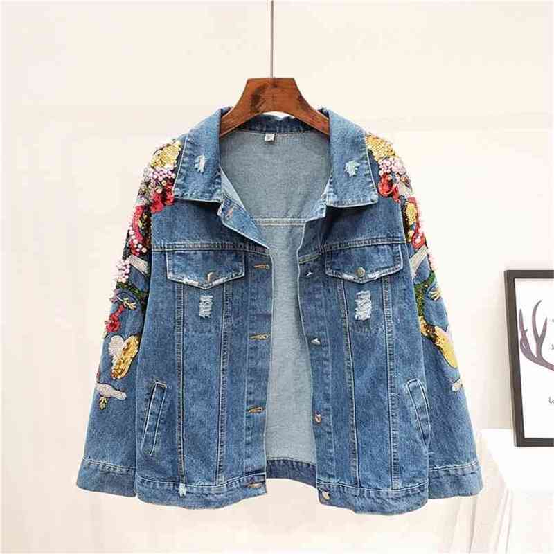 

Summer Sequins Embroidery Denim Jacket Woman Batwing Sleeve Hole Vintage Blue Coat Female Chic High Quality 210603