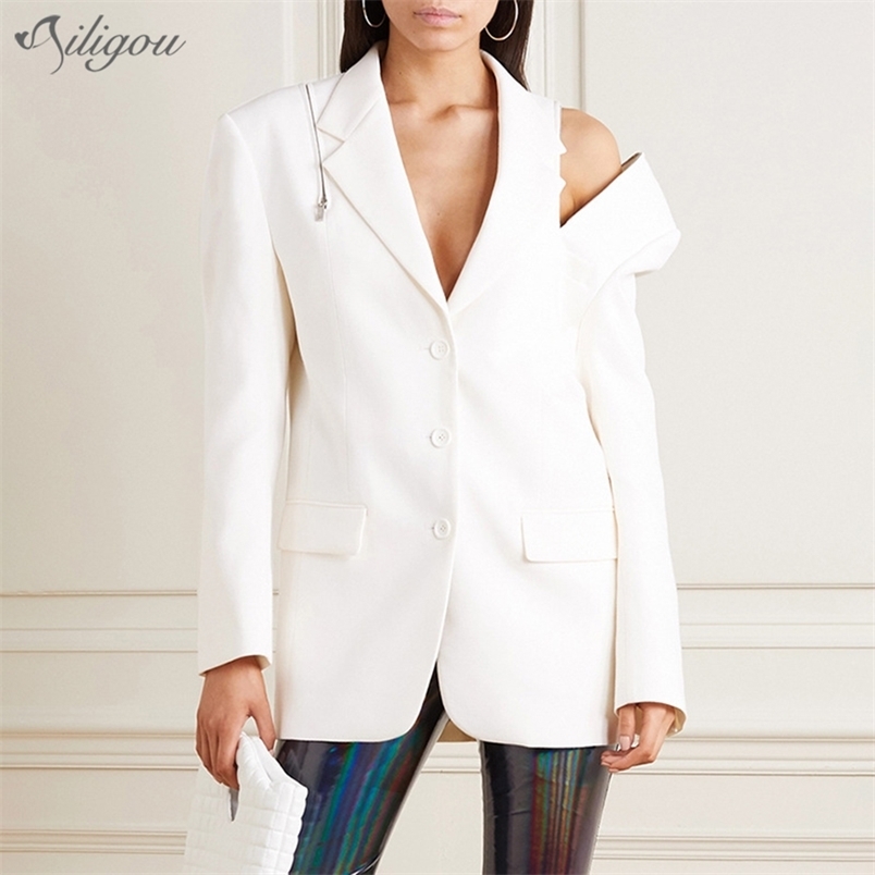 

Women' High-End Custom Off-Shoulder Zipper Design Personality High Street Temperament Solid Color White Coat 210525