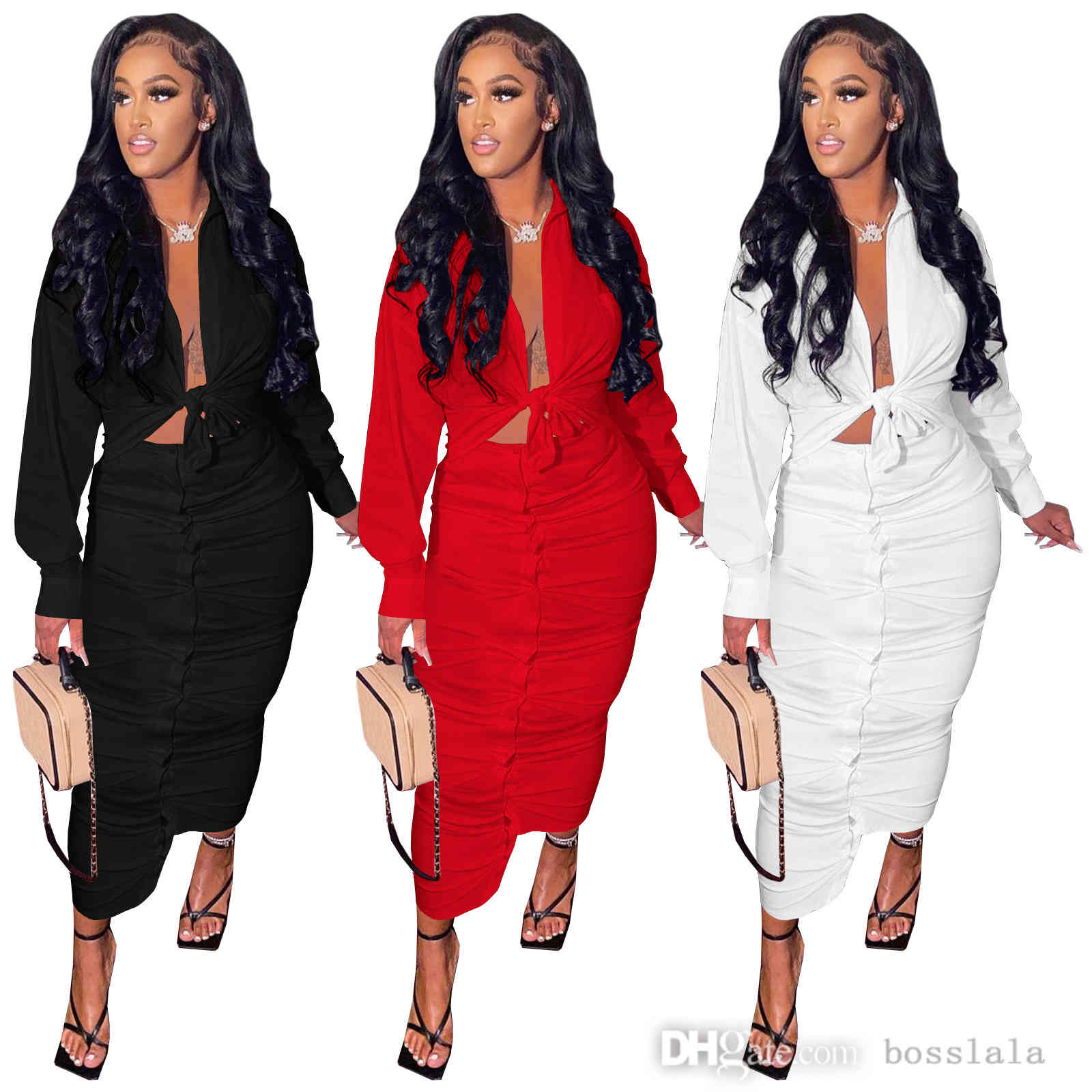 

Womens Casual Skirt Two Piece Suit Autumn And Winter Solid Color Long Sleeve Button Shirt And Medium Length Skirts, Black