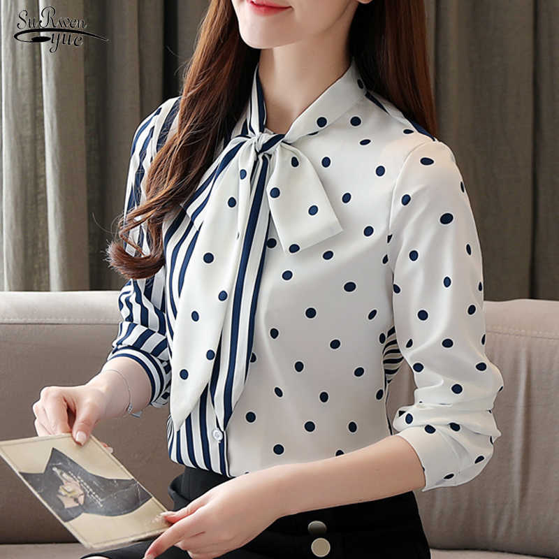 

Chiffon Blouse Women Autumn Casual Long Sleeve Shirt Women Striped White Lady Tops Office Lady Clothes with Polka Dot 10755 210527