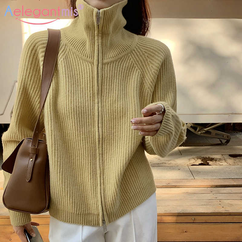 

Aelegantmis Turtleneck Knitted Sweater Cardigan Women Zipper Ribbed Vintage Loose Solid Korean Coats Thick Warm Casual Jumpers 210607, Gray