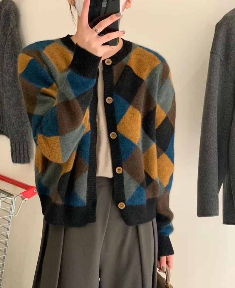 

Women's Knits & Tees Women Sweaters Autumn Casual Retro Contrast Diamond Cardigan Jacket Round Long Sleeve Plaid Knitted Tops Pull Femme, White