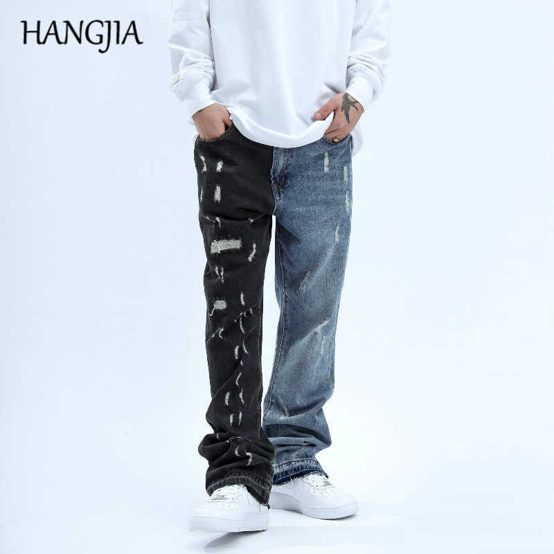 

Black Blue Patchwork Flared Jeans Streetwear Hip Hop Wide Leg Jeans Wash Ripped Men Colorblocked Denim Jeans Vintage C0607