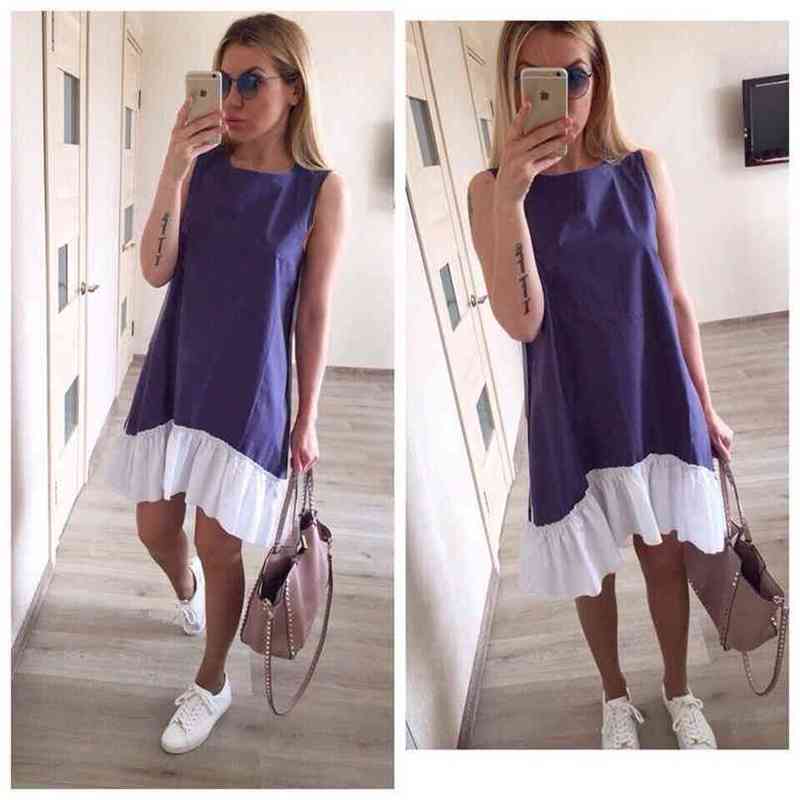

Summer Dresses Casual Loose Patchwork Sleeveless Ruffles O-Neck Mini Fashion Women Vestidos 210607, Gray