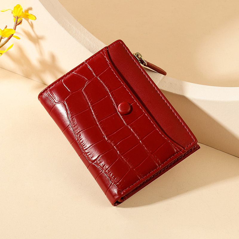 

Wholesale factory ladies leathers wallets simple folding ultra-thin mini change card bag Joker multi-card leather short wallet college style stone storage purses, Red(boutique box)
