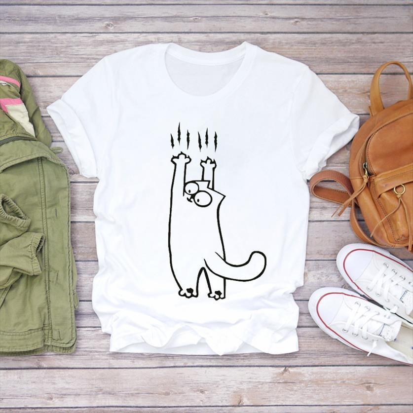 

cat cartoon paw funny animal womens pet 90s style summer autumn print lady graphic female tee, White