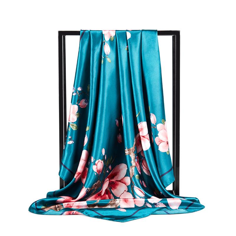 

Scarves 2021 Floral Print Silk Satin Hijab Scarf Women Square Shawls And Wraps Hair Scarfs Female 90X90CM Neckerchief For Ladies