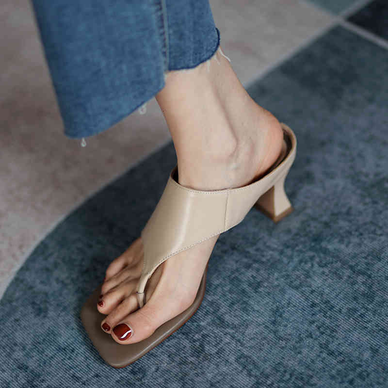 

slippers thick toe leap from the open foot woman genuine leather slides slide in summer sandals women's stylish shoes size 34-39 flip f, Black