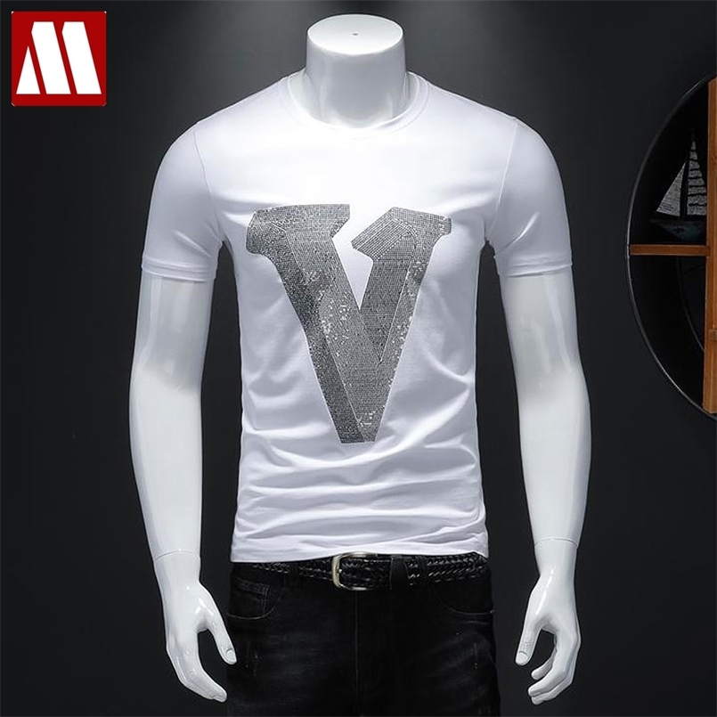

Men's Shinning V Drilling T-Shirt Male Cotton Short Sleeve Eagle T Shirt Top Tee Fashion 3D Crane Tshirt 210721, T018-v-white