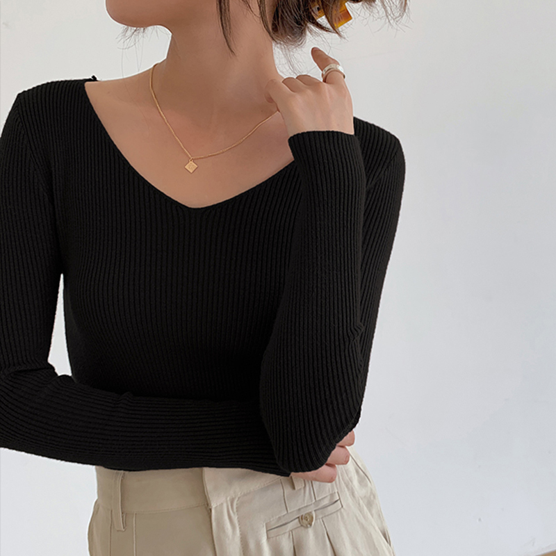 

Lucyever High Elastic Women's Sweaters and Pullovers Korean Autumn Winter V Neck Slim Knitted Tops Woman Jumper Knitwear 210521, Beige