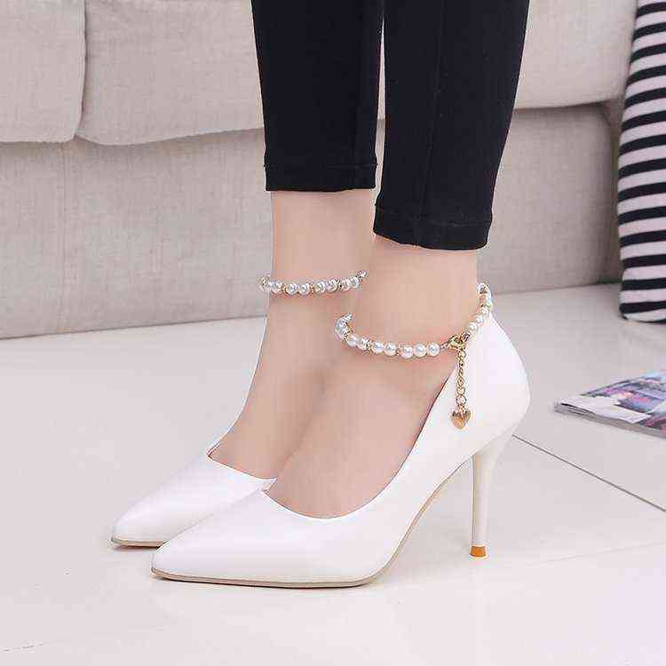 

White Women Wedding Shoes Crystal Preal Ankle Strap Bridal Woman Dress Seay Pumps Sweet Party 211101, Black