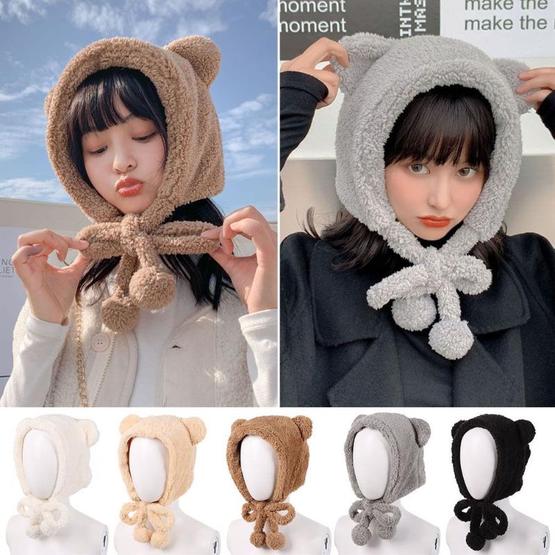 

Berets Women Beanies Caps Winter Warm Cute Bear Ear Hat Casual Plush Earflap Earmuff Windproof, Black