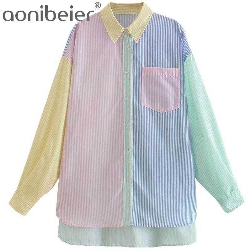 

Fashion Green Pink Patchwork Pinstripe Women Loose Shirts Summer Drop Shoulder Casual Blouses Female High Low Tops 210604, Shorts