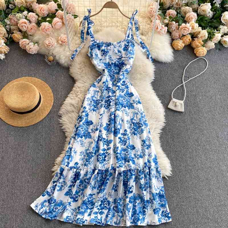 

Women Vintage Midi Dress Summer Ruffles Bandage Spaghetti Strap Printed Party Dresses Ladies Elegant Beach Long Robe 210602, Blue