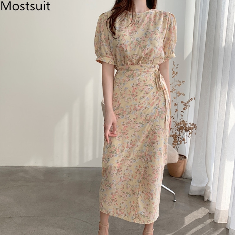 

Summer Korean Floral Printed Long Dress Women Short Sleeve O-neck Lace-up Belted Fashion Vintage Female Dresses Vestidos 210518, Yellow